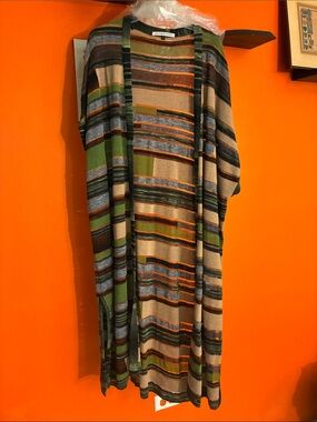 Adolfo Dominguez Striped Open-Front Tunic Cardigan in Green, Blue & Tan